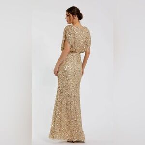 NWOT Mac Duggal Gold Draped Sleeve V Neck Gown
